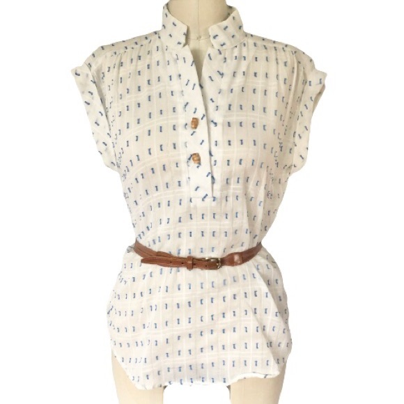 Vtg 80s Gauzy Textured Cap Sleeve Windowpane Tunic - Picture 5 of 17